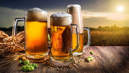 Three glasses of beer on a wooden table with a sunset background.