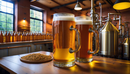 Craft beer glasses on a wooden bar, brewery setting with brewing equipment.