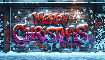 Graffiti-style Merry Christmas text on a brick wall, vibrant snowy decorations, holiday greeting