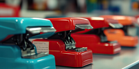 Stapler Stampede: A row of staplers, waiting patiently for their next mission to organize and secure paperwork.