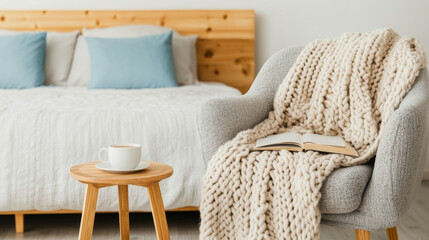 A cozy corner of bedroom featuring comfortable armchair draped with soft blanket, book, and cup of coffee, creating warm and inviting atmosphere