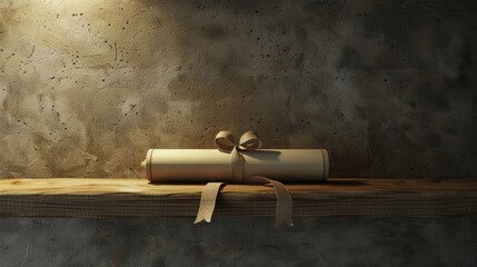 Diploma scroll tied with a ribbon on a shelf.