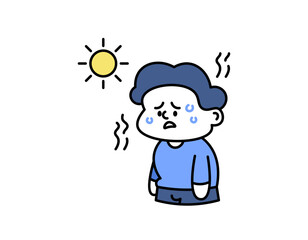 illustration of a boy who looks hot. hot, sweaty, and thirsty. very hot weather because of the sun. weather problems. expression and gesture. cute character design outline style. elements