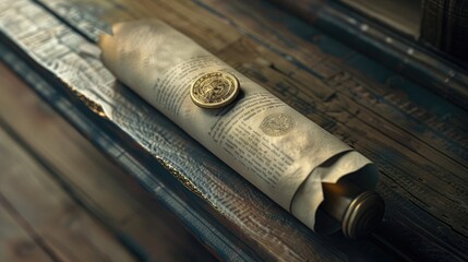 Fototapeta premium Diploma scroll with a golden seal on a wooden shelf.