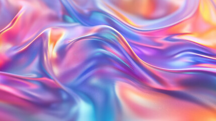 Obraz premium Vibrant Iridescent Waves of Satin Fabric With Pink, Blue, and Orange Hues Creating a Dynamic Abstract Texture