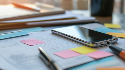 Fototapeta premium Close-Up of Project Documents with Sticky Notes