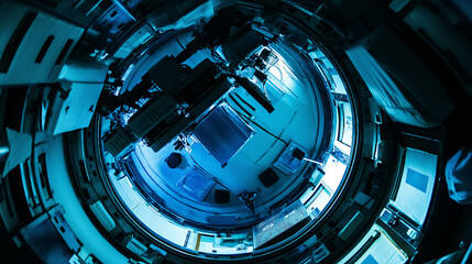 Futuristic Space Station Interior: Circular Hatch View in Blue Tones