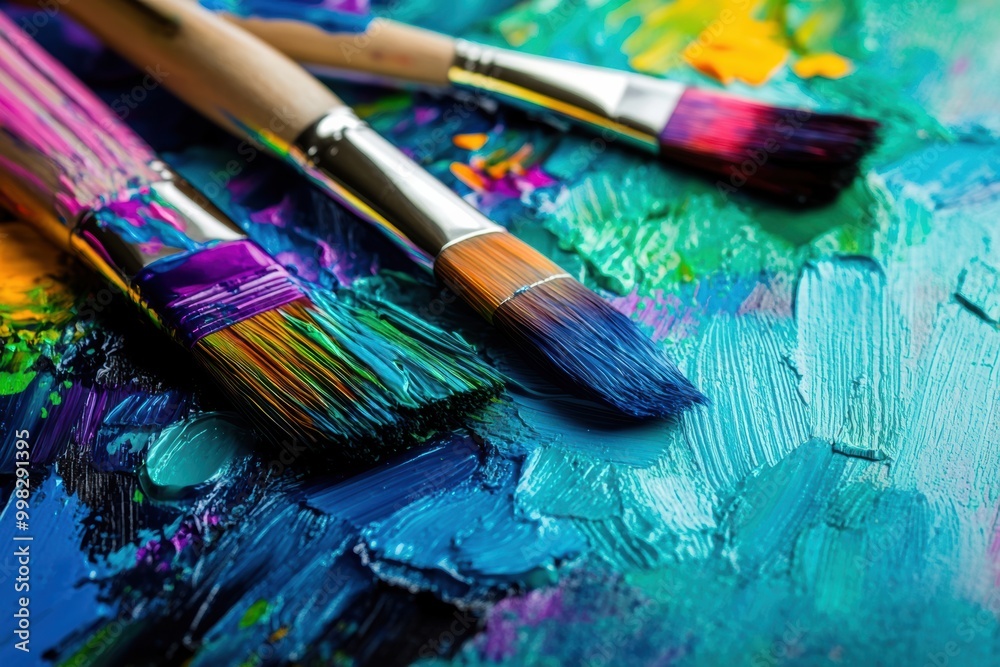 Poster Bright splashes of color on a palette and canvas capture the essence of an artistic painting session filled with creativity. Generative AI