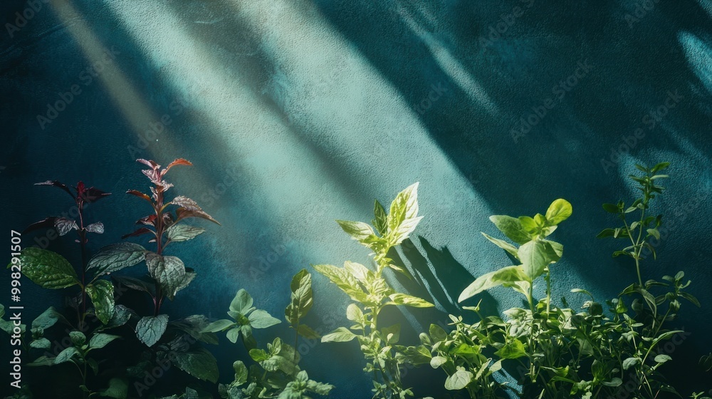 Poster Sunlight Illuminating Greenery Against a Teal Wall