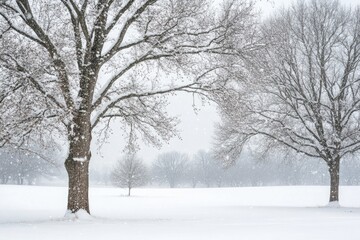 Fototapeta premium Two Bare Trees Standing in a Snowy Field During a Snowstorm