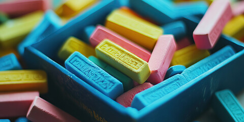 The Eraser's Tale: A box of multicolored erasers, scattered on a table, waiting to correct mistakes and inspire creativity.