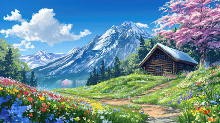 Fototapeta premium A picturesque mountain landscape with a wooden cabin surrounded by a field of wildflowers.