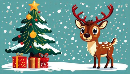 Naklejka premium little deer - Christmas card with Santa Claus's reindeer decorated Christmas trees with gifts under them - on a winter background