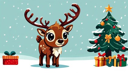 Fototapeta premium little deer - Christmas card with Santa Claus's reindeer decorated Christmas trees with gifts under them - on a winter background
