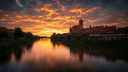 Obraz premium Sunset over a river with historic buildings.