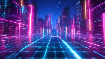 Fototapeta premium Futuristic digital grid in bright neon colors, with glowing lines creating a virtual landscape.