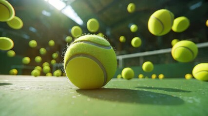 A tennis ball is on a green court with many other tennis balls flying around it