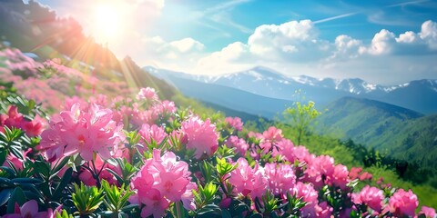 Obraz premium A field of pink flowers with the sun shining on them. 