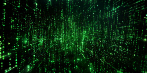 Matrix style green 3d abstract geometric background. Green falling code on a dark abstract background.