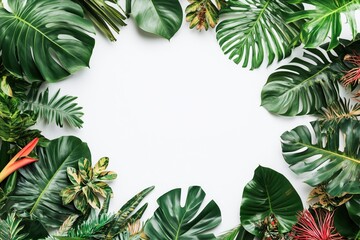 Exotic plant and leaves frame white background copy space