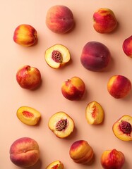 Fresh peaches on pink background