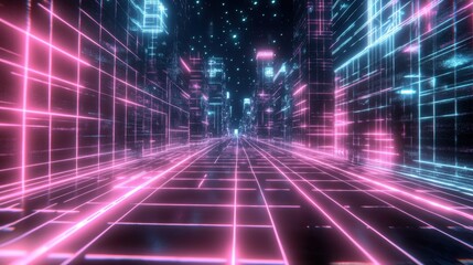 Bright neon gridlines form a digital landscape, glowing with electric pink and blue lights.