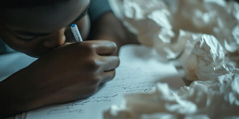 Obraz premium Uninterrupted Thoughts: A person lost in thought, scribbling notes on a crumpled piece of paper.