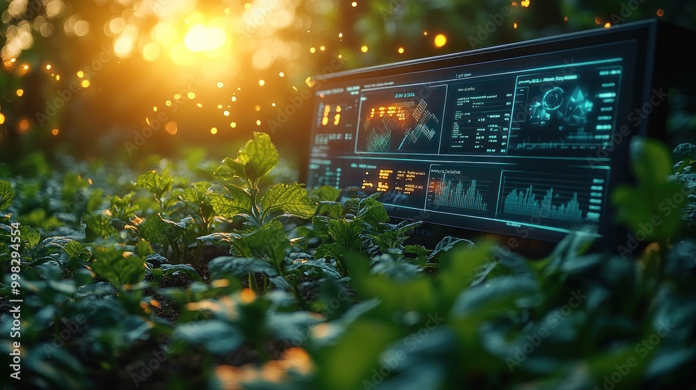 Poster A computer monitor displaying data analytics and graphs in a forest with lush green foliage and a bright sunbeam shining through the trees.