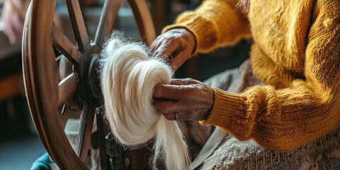 Enduring Skill: A skilled artisan using a spinning wheel to create yarn from raw fiber.