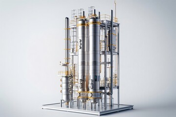 Tall and complex industrial distillation column operating inside a chemical plant, showcasing the intricacies of chemical processing
