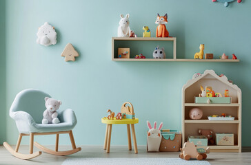 a child's room with pastel blue walls, featuring an armchair and shelves filled with toys. The space is well-lit by natural light, creating a cozy atmosphere for playtime