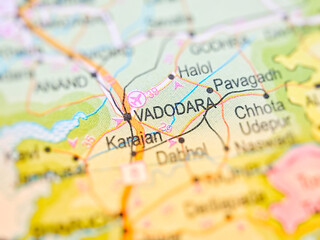 Vadodara on a map of India with blur effect.