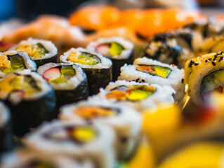 Colorful Assortment of Fresh Sushi Rolls: A Delectable Japanese Cuisine Display