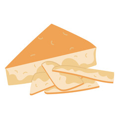 triangular piece parmesan cheese in a group with thin slices. slice of triangular cheese is one whole. Hard, delicious cheese. isolated item of dairy product. Vector illustration highlighted on white