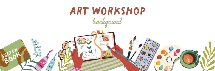 Horizontal banner art workshop. Vector flat illustration.