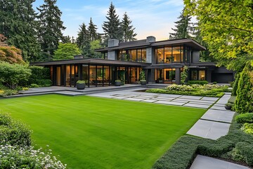 Obraz premium Modern house with landscaped garden and outdoor space.