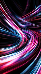 Dynamic streaks of neon blue and pink light flowing in a futuristic, abstract pattern against a dark background, representing speed, energy, and modern technology in a digital art style.
