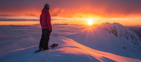 A snowboarder stands on a snowy mountain peak, watching the sunset over a sea of clouds.
