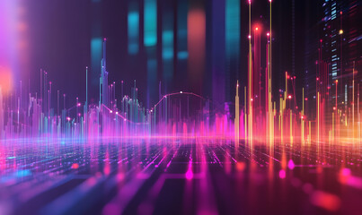 Futuristic financial dashboards and luxury business charts with glowing neon lines, gold accents, and connected nodes for corporate branding.