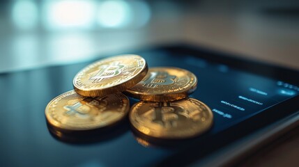 Cryptocurrency coins displayed on digital device. Bitcoin digital currency on screen smartphone