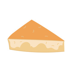 A triangular piece of parmesan cheese. A slice of triangular cheese is one whole. Hard, delicious cheese. An isolated item of dairy product. Vector illustration highlighted on a white background