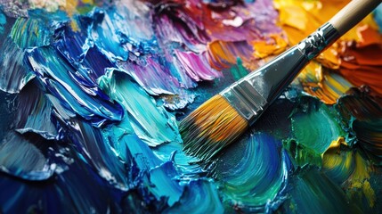 Obraz premium Bright splashes of color cover a palette, while a paintbrush adds abstract strokes to a canvas in an artistic exploration of creativity. Generative AI