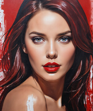 a extremely detailed oil painting of a woman with red hair and blue eyes and red lipstick