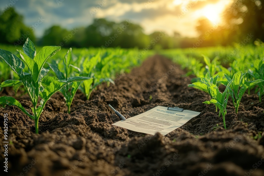 Sticker A clipboard with a document and a pen lies in the middle of a field of young, green plants at sunset.