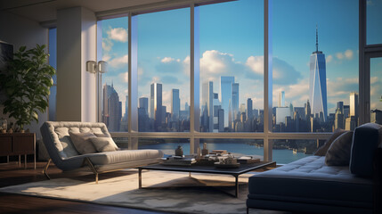 Fototapeta premium Modern living room with a stunning view of the New York City skyline from floor to ceiling windows.