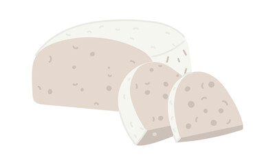 piece of Feta cheese in a flat style, highlighted on a white background. A whole piece of pressed molded dairy product with sliced pieces. White Greek curd cheese made from sheep's milk or milk beans.