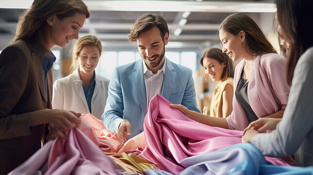 team of fashion designers enthusiastically discussing and selecting vibrant fabrics for a project, showcasing collaboration, creativity, and teamwork in a modern workspace.