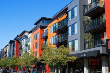 Naklejka premium Modern urban design showcasing vacant storefronts in the ground floors of apartment complexes within a bustling city center area