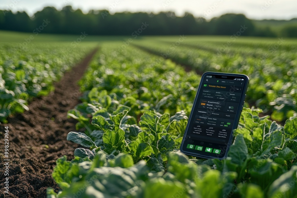 Wall mural A smartphone displaying data about a field of crops, showcasing the use of technology in modern agriculture.