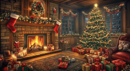 A cozy living room decorated for Christmas with a fireplace, stockings hanging on the wall above it, and presents scattered around